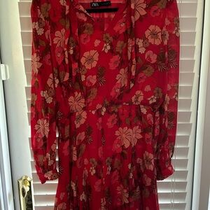 Zara Vibrant Red Floral Long Sleeve Dress